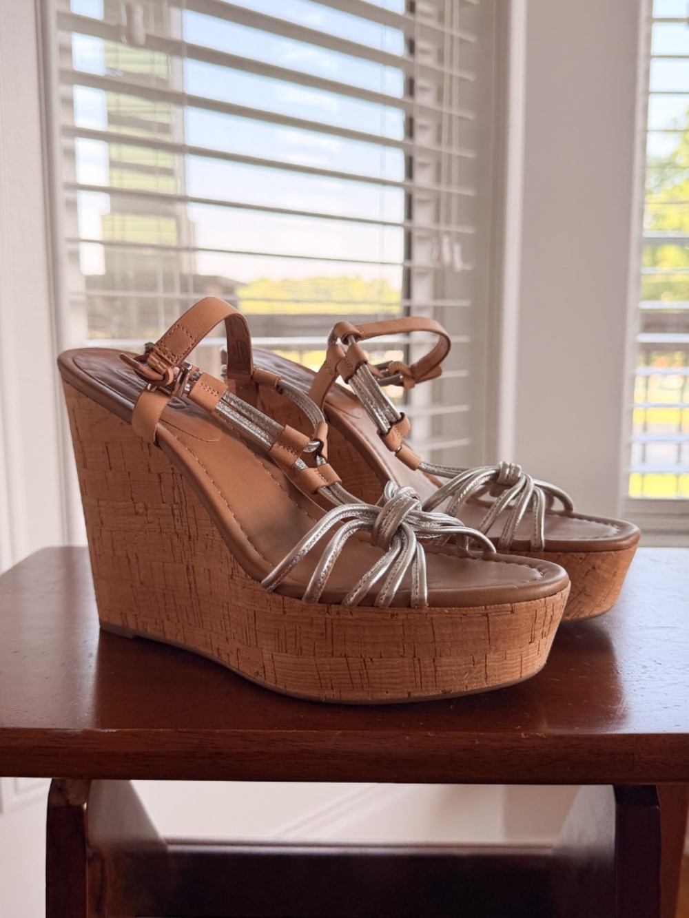 Coach Platform Cork Georgiana Wedges with Silver Leather Straps Size 7